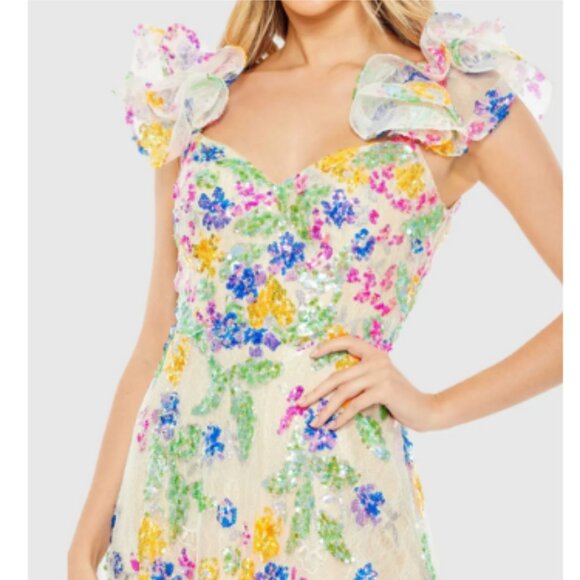 Mac Duggal Multicolor Floral Sequin Embellished Ruffle Sleeve Gown 14 NWT - Picture 4 of 11